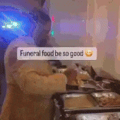 a man is preparing food in a kitchen with a sign that says funeral food be so good