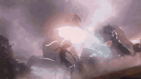 a group of people are fighting each other in a video game while a lightning bolt is coming from the sky .