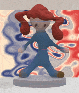 a cartoon character with red hair is standing in front of a multicolored background