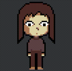 a pixel art drawing of a girl with brown hair standing in front of a bed