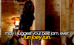 a picture of a woman with the words " may i suggest your best jam ever run joey run " on it
