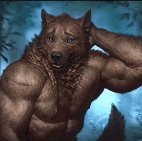 a very muscular werewolf is standing in the woods with his hand on his head .