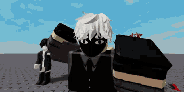 a cartoon character with white hair and a black mask on his face