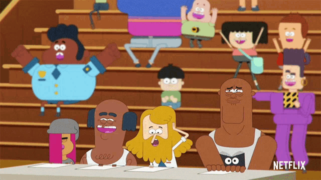 a group of cartoon characters sitting at a table with netflix written on the bottom right