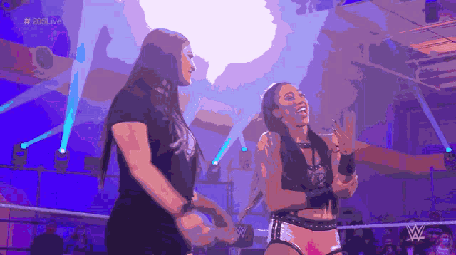 a pixelated image of two women in a wrestling ring with the words # 2018live at the bottom