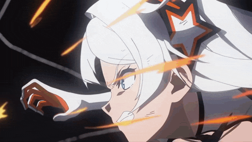 a close up of a cartoon character with white hair