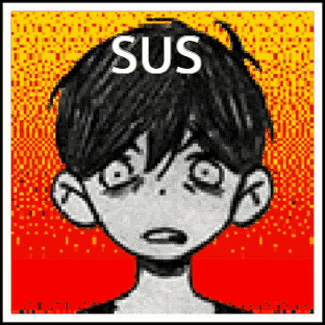 a black and white drawing of a boy with the word sus written on it