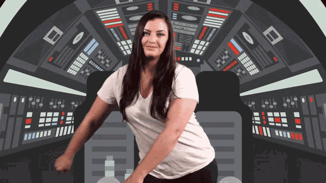 a woman in a white shirt is standing in front of a spaceship