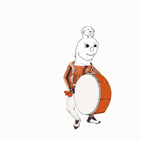 a cartoon drawing of a man holding a drum with a dog on his head