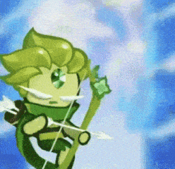a cartoon character with a bow and arrow is flying through the air .