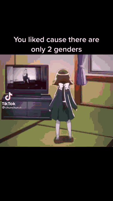 a girl in a green dress is standing in front of a television in a living room .