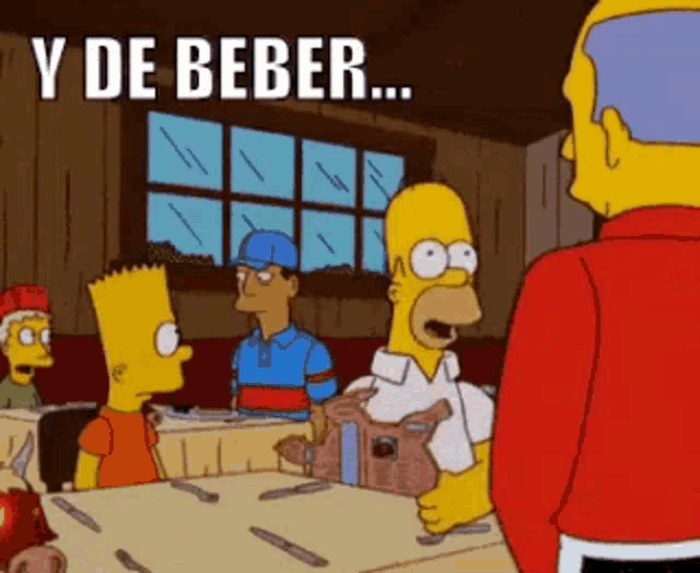 a cartoon of homer simpson and bart simpson sitting at a table with the words y de beber above them