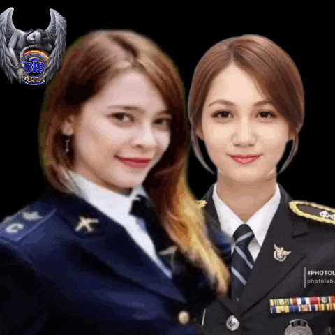 two women in military uniforms are standing next to each other with the letters bs on the bottom