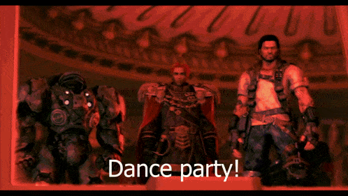 a video game scene with the words dance party in the corner