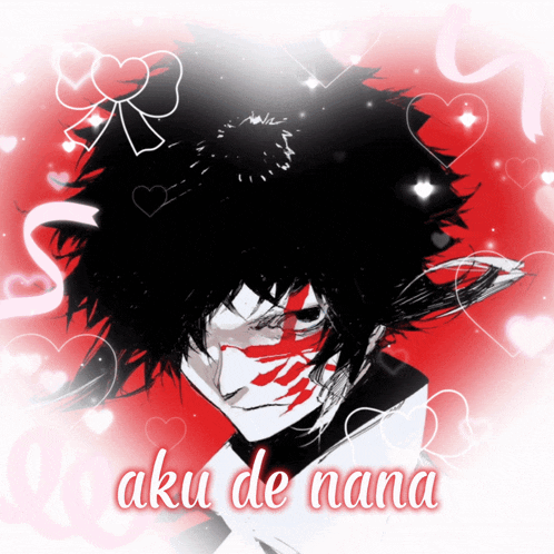 a black and white anime character with aku de nana written on the bottom