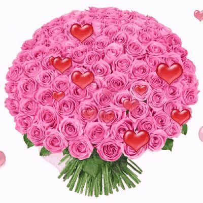 a large bouquet of pink roses with red hearts surrounding it .