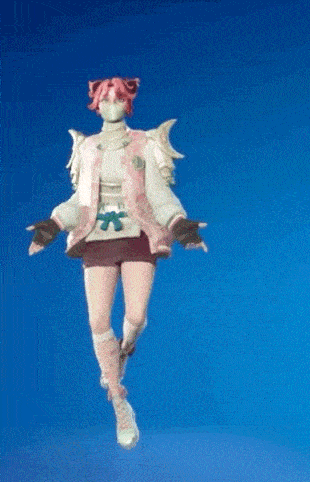 a girl with pink hair and a mask is standing in front of a blue background in a video game .