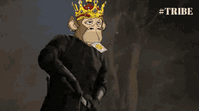 a monkey with a crown on his head is holding a sword and a cigarette
