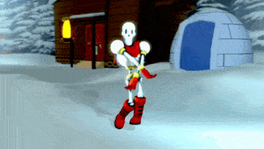 a cartoon skeleton is standing in the snow in front of a house
