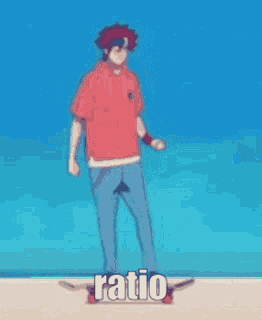 a man in a red shirt is dancing on a skateboard with the word ratio written on the ground .