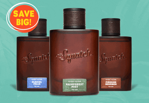 three bottles of squirrel cologne are lined up on a green background