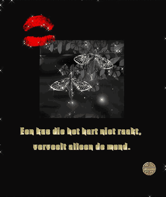 a black and white photo with a red lip and the words een kus die het hart niet raakt verveelt alles de mond