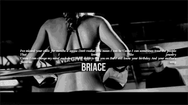 a black and white photo of a woman in boxing gloves with the name briace on the bottom