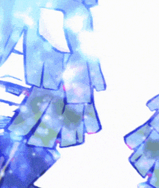 a close up of a drawing of a person with a blue skirt