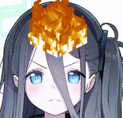 a girl with long hair and blue eyes has a minecraft block on her head