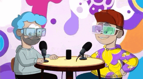 two cartoon characters are sitting at a table with microphones and wearing virtual reality glasses .