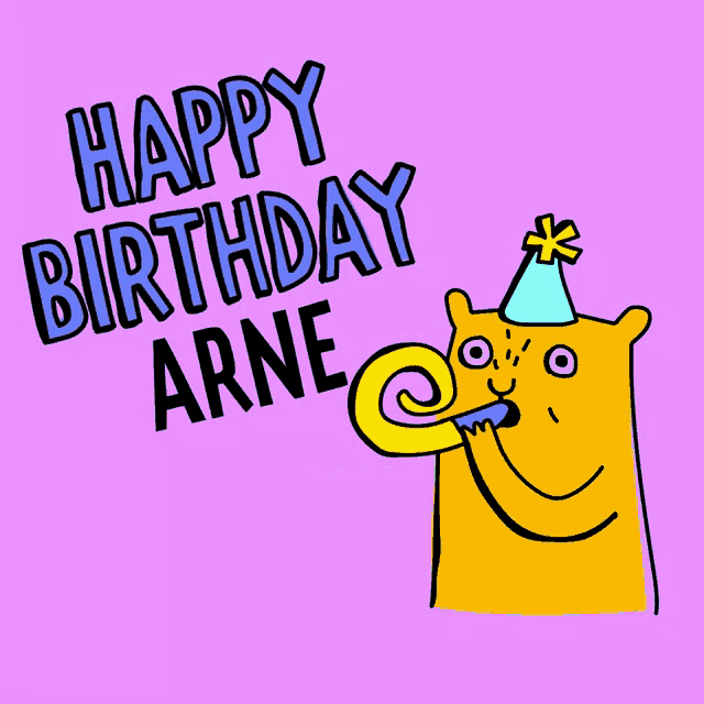 a birthday card for arne with a cat wearing a party hat blowing a party horn