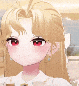 a girl with long blonde hair and red eyes is smiling
