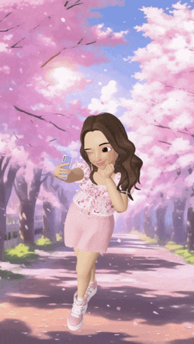 a cartoon girl is taking a selfie in front of a cherry blossom forest