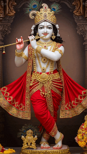 a statue of krishna playing a flute in a red and gold outfit