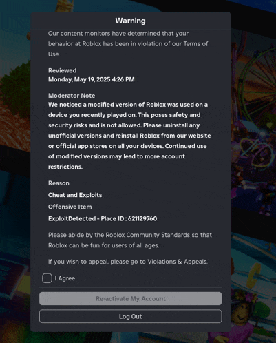 a screenshot of a warning from roblox shows that a modified version of roblox was used on a device you recently played