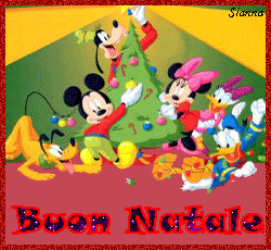 a picture of mickey mouse and friends decorating a christmas tree with the words buon natale on the bottom