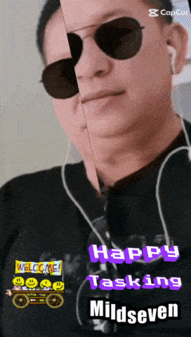 a man wearing sunglasses and ear buds with the words happy tasking mildseven below him