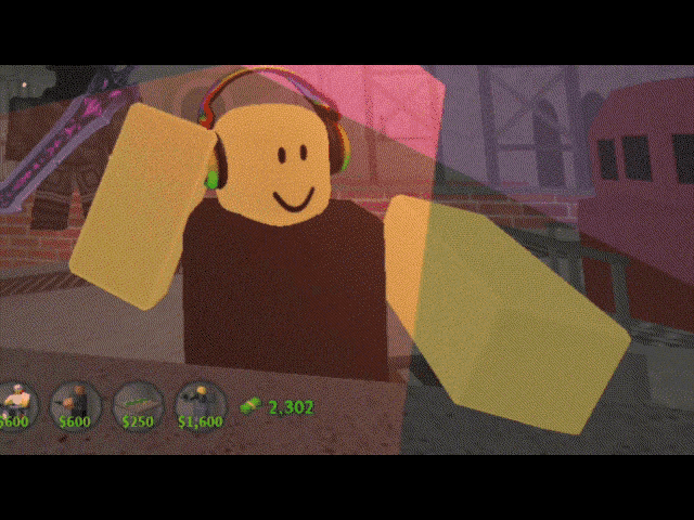 a roblox character is wearing headphones and has a purple sword behind him