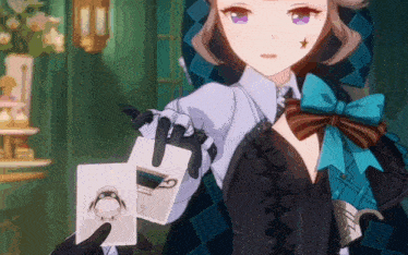 a girl with purple eyes is holding a playing card
