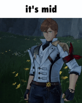 a video game character is standing in a field with the words it 's mid on the bottom