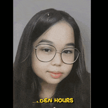 a girl wearing glasses with the words den hours above her head