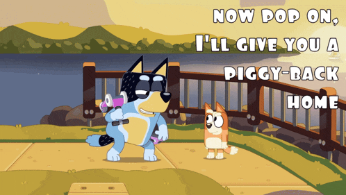 a cartoon of a dog holding a dumbbell with the words now pop on i 'll give you a piggy back home