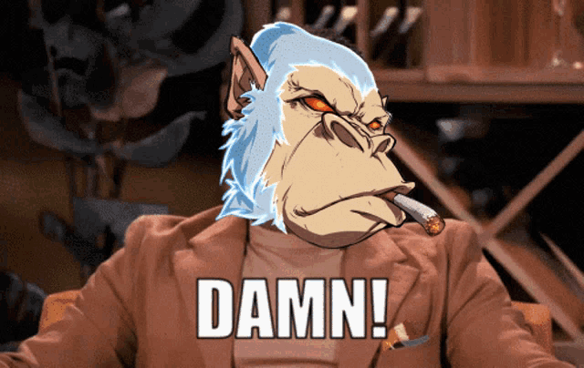 a cartoon of a gorilla smoking a cigarette with the words damn written on the bottom