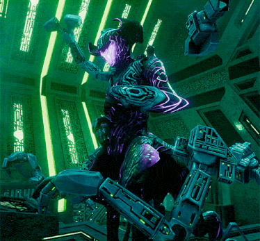 a purple robot with a hammer in its hand is standing in a room with green lights