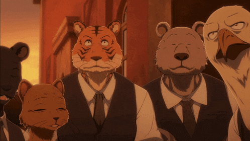 a group of animals wearing suits and ties including a tiger and a bear