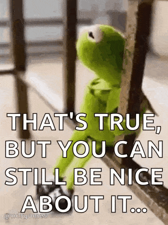 kermit the frog is leaning against a railing and saying `` that 's true but you can still be nice about it ...