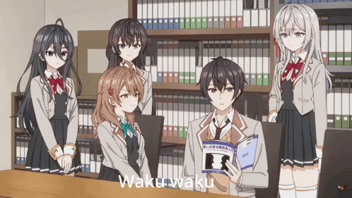 a group of anime girls are standing around a man holding a book that says wakuwaku on it