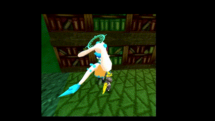 a cartoon character is standing in front of a bookshelf in a video game