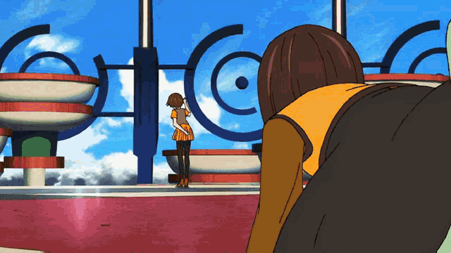 a cartoon drawing of a woman standing in front of a sign that says " tc "