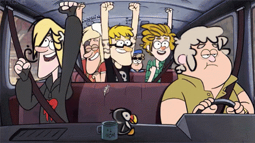 a group of cartoon characters are riding in a car and one of them has a mug that says i love mom on it
